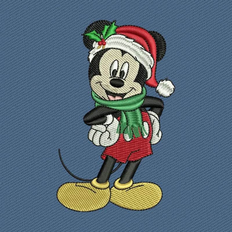 Mickey Mouse in a Santa Claus Hat and Scarf for Christmas Embroidery Design